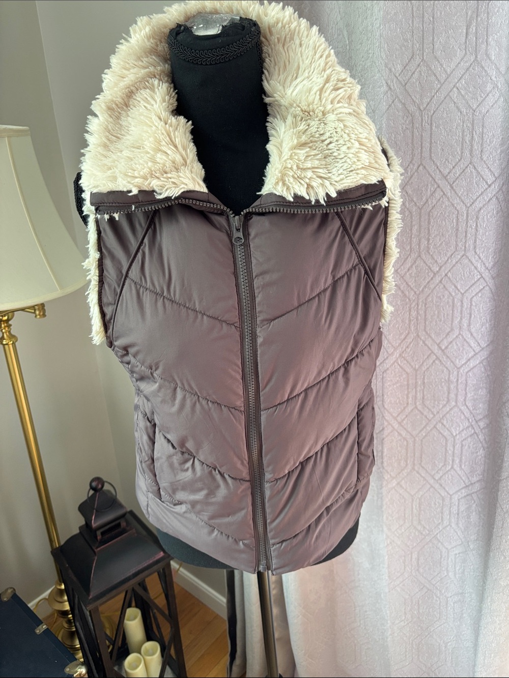 Big Chill Brown Quilted Vest with Cream Faux Fur Collar
